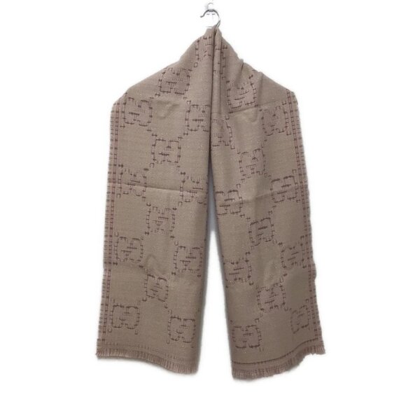 GUCCI GG Wool Jacquard Scarf Beige Pink Wool Rayon Nylon -628-040125 - Picture 1 of 6